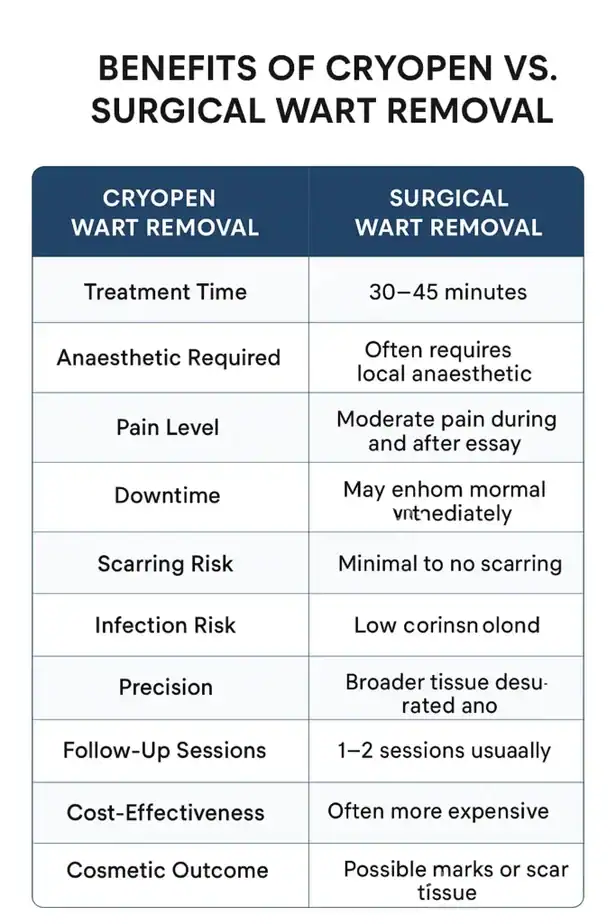Table showing the benefits of cryopen to remove warts Bere Regis compared to surgical treatment